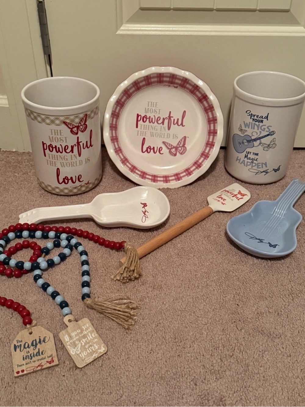collection of Dolly Parton themed home decor